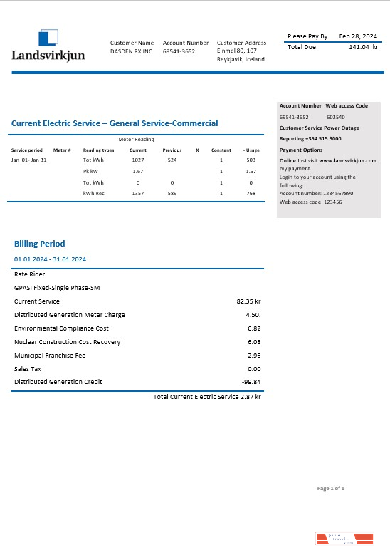 Iceland National Power Company of Iceland Landsvirkjun electricity business utility bill template in Word and PDF formats